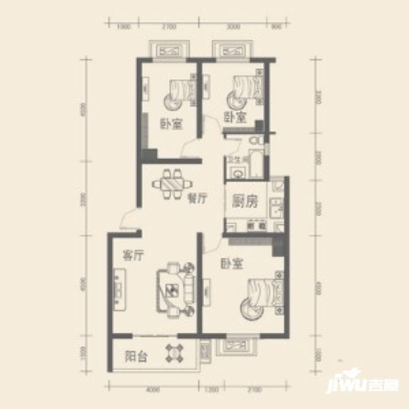 盛和广场3室2厅2卫97.6㎡户型图