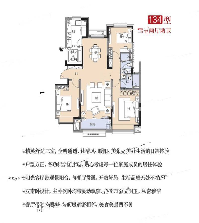 众成熙悦华庭3室2厅2卫134㎡户型图