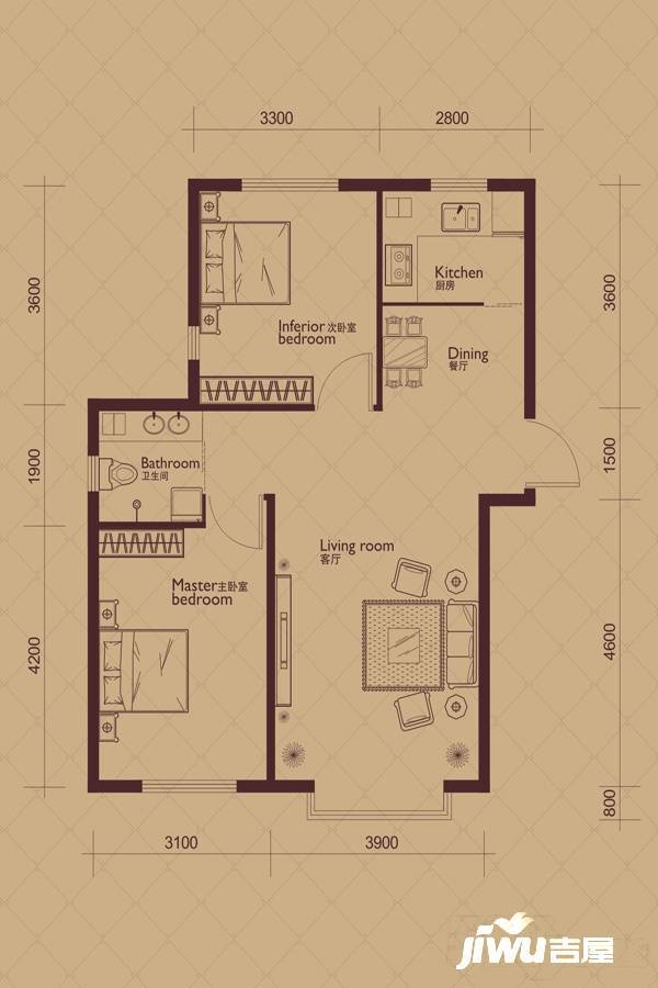 伟业富强天玺2室2厅1卫86.8㎡户型图