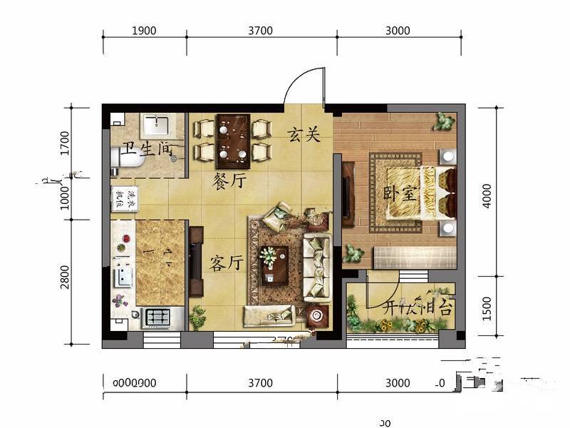 金色8里城二期1室2厅1卫60.5㎡户型图