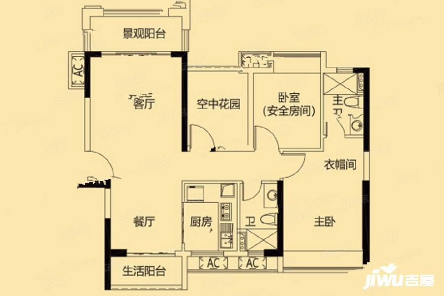 松晖名苑3室2厅2卫91㎡户型图