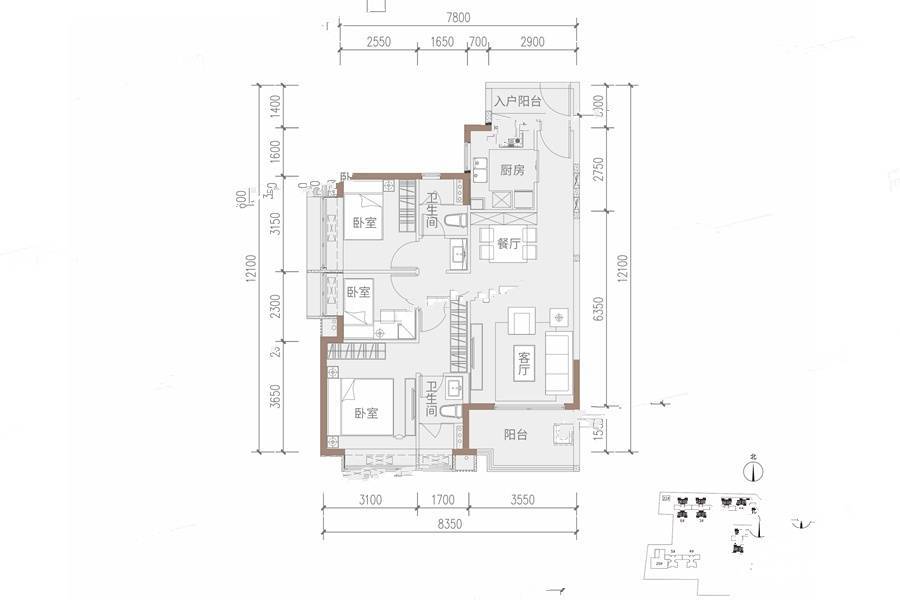 时代招商天禧3室2厅2卫95㎡户型图