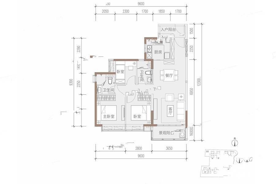 时代招商天禧3室2厅2卫95㎡户型图