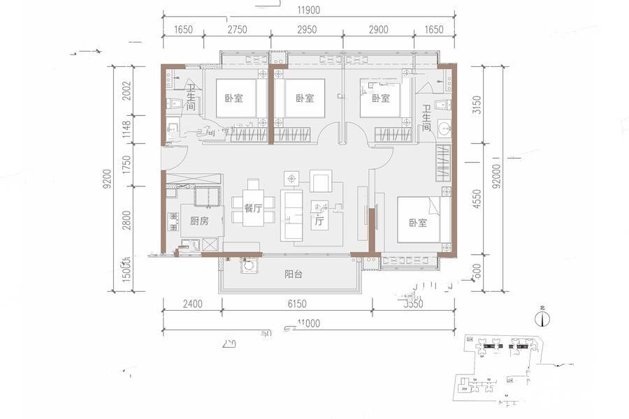 时代招商天禧4室2厅2卫116㎡户型图