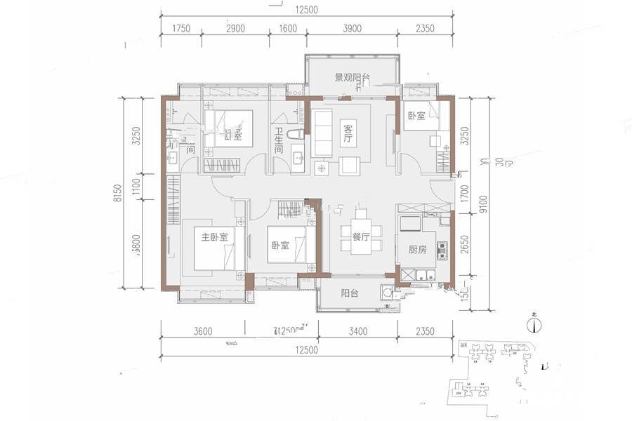 时代招商天禧4室2厅2卫129㎡户型图