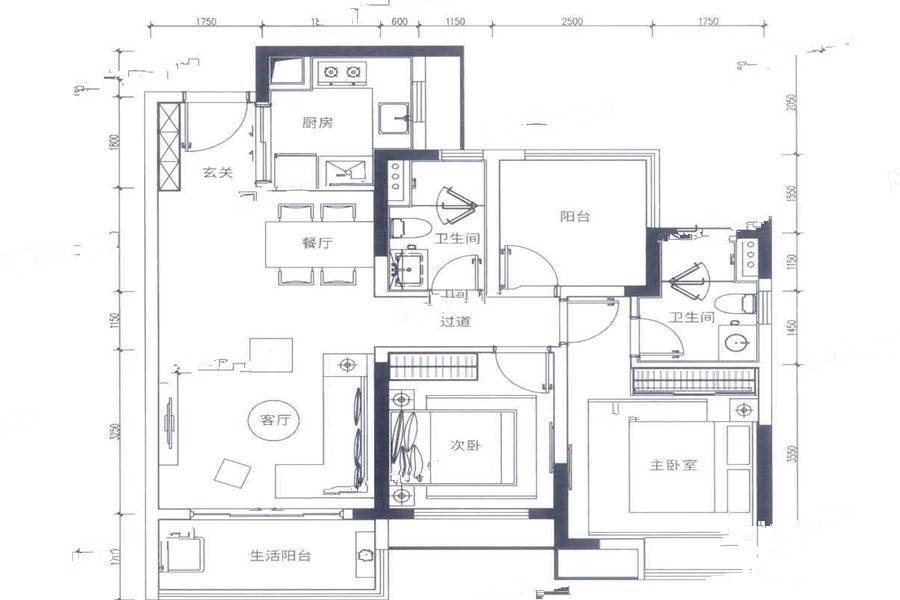 华润置地悦里2室2厅2卫94㎡户型图