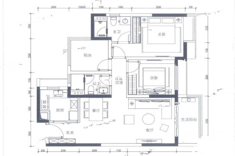 华润置地悦里2室2厅2卫95㎡户型图