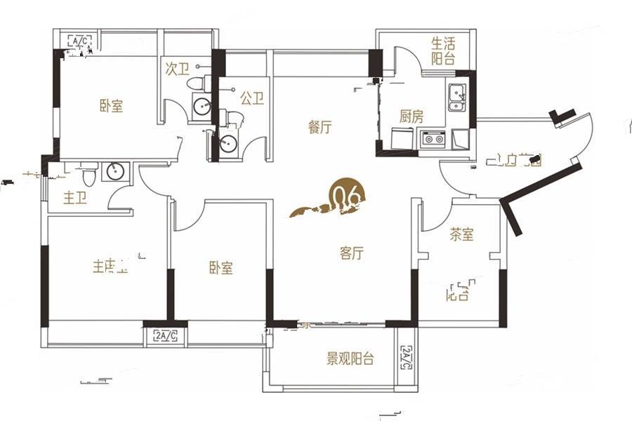 鸿安御花园4室2厅3卫128㎡户型图