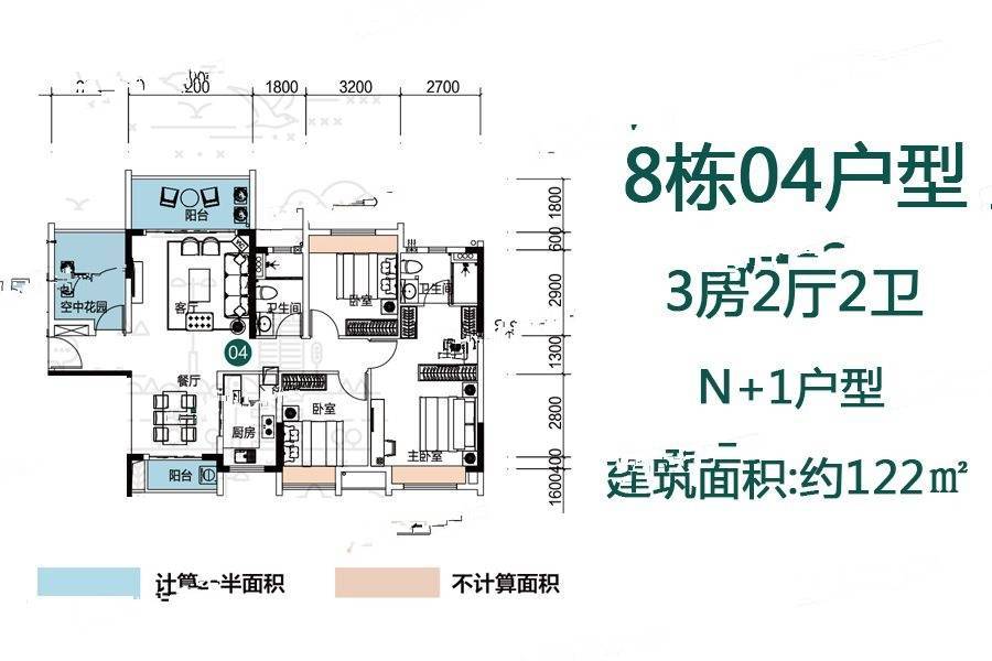 敏捷翡翠华府3室2厅2卫122㎡户型图