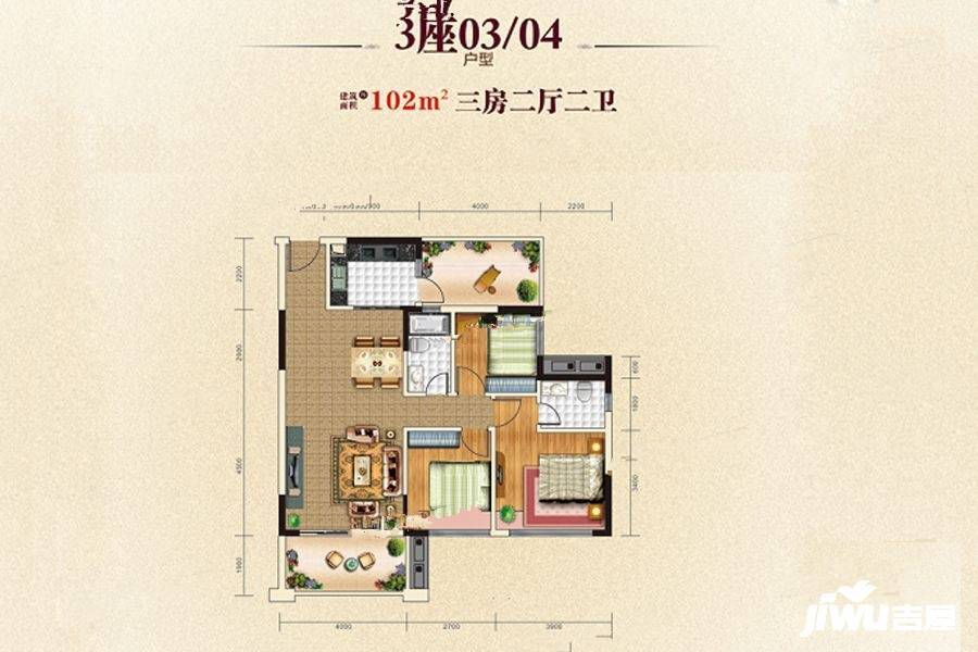 逸峰华府3室2厅2卫102㎡户型图