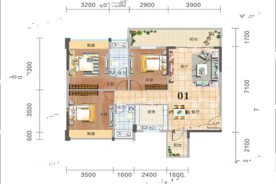 格林春天3室2厅2卫103㎡户型图