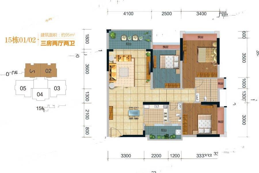 格林春天3室2厅2卫95㎡户型图