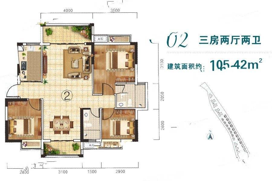 景湖天地3室2厅2卫105.4㎡户型图