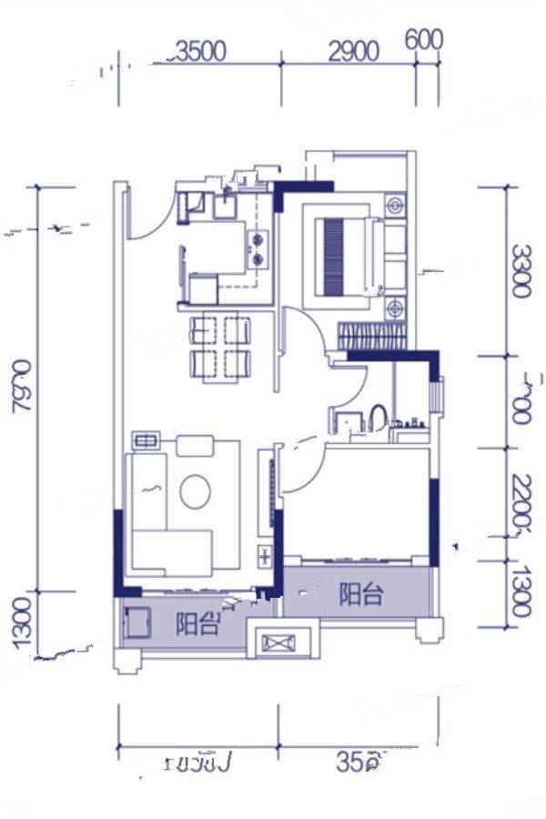 方直东岸2室1厅1卫75.5㎡户型图