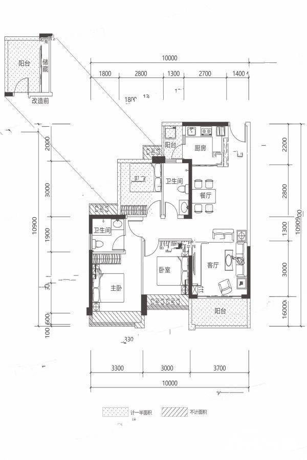 惠州昊翔源壹城中心9-12栋01/02户型户型图_首付金额_3室2厅2卫_98.