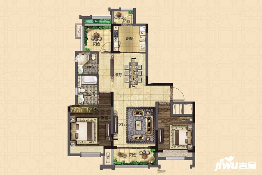 金科颐景园2室2厅2卫95㎡户型图