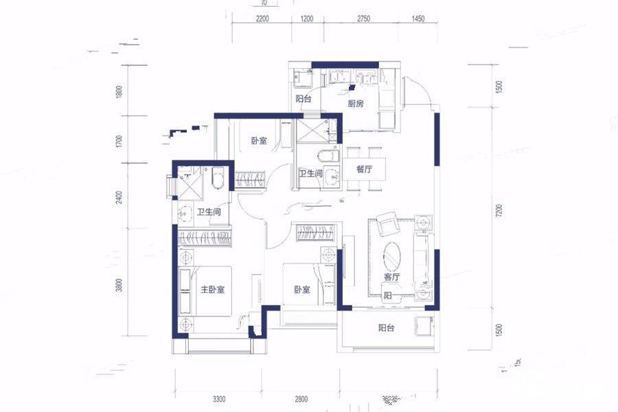 恒大悦龙台3室2厅2卫96㎡户型图