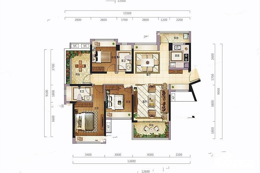 金裕星河丹堤3室2厅2卫120㎡户型图