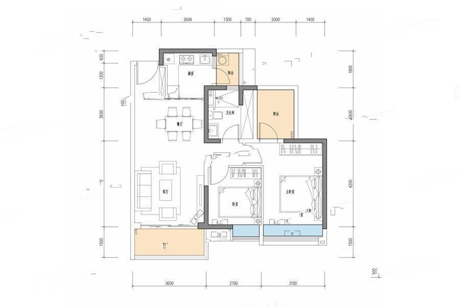 奥园华府2室2厅1卫85㎡户型图