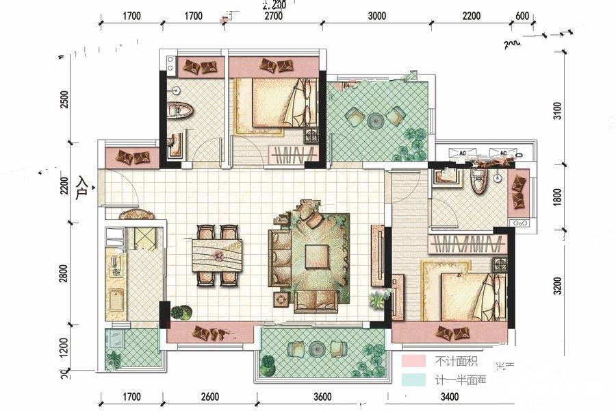 玖龙台2室2厅2卫89㎡户型图