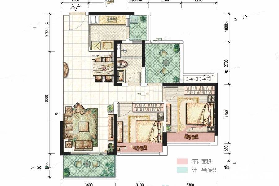 玖龙台2室2厅1卫86㎡户型图