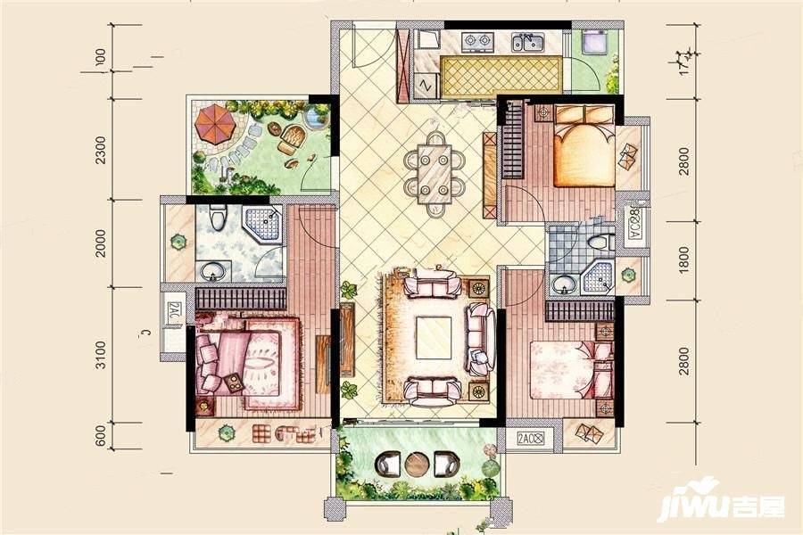 世纪金湖花园3室2厅2卫108㎡户型图