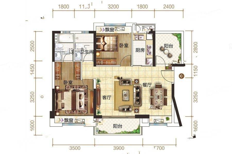 奥园尚雅花园2室2厅2卫97㎡户型图