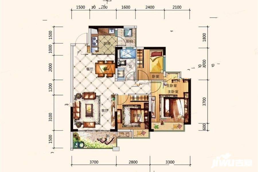 鼎峰公园豪庭3室2厅1卫88.2㎡户型图