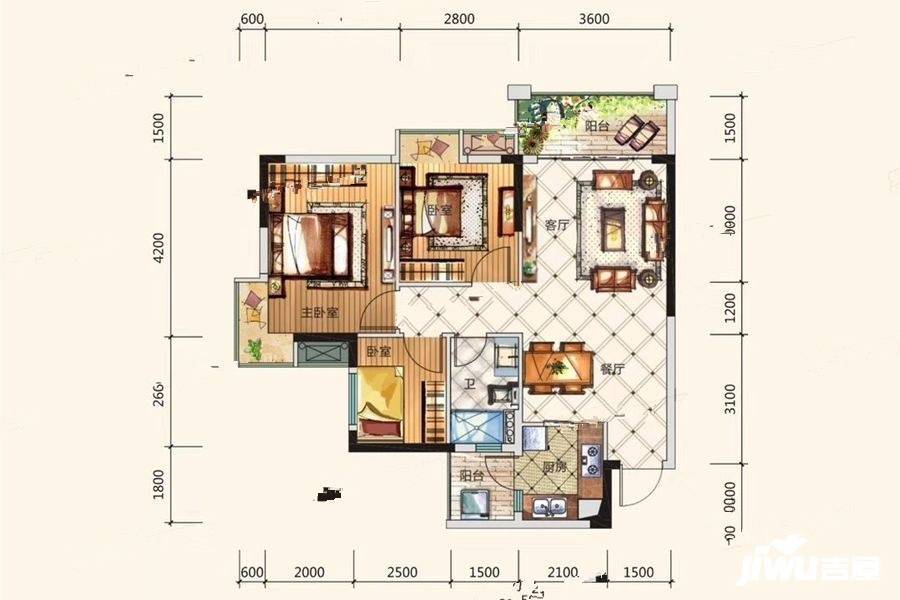 鼎峰公园豪庭3室2厅1卫88.1㎡户型图