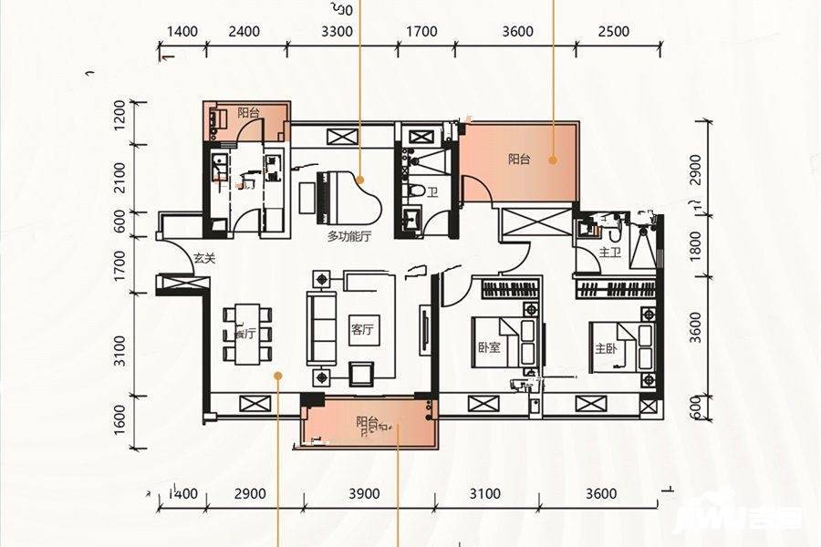 中洲河谷花园2室3厅2卫125㎡户型图