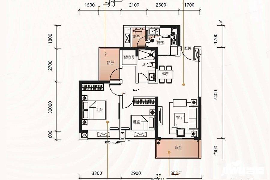 中洲河谷花园2室2厅1卫85㎡户型图