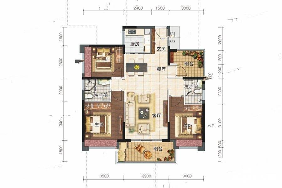 宏益丽苑3室2厅2卫115㎡户型图