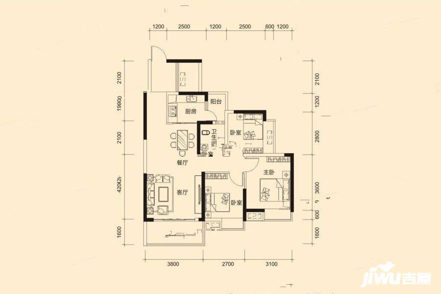 鼎浩城3室2厅1卫91㎡户型图