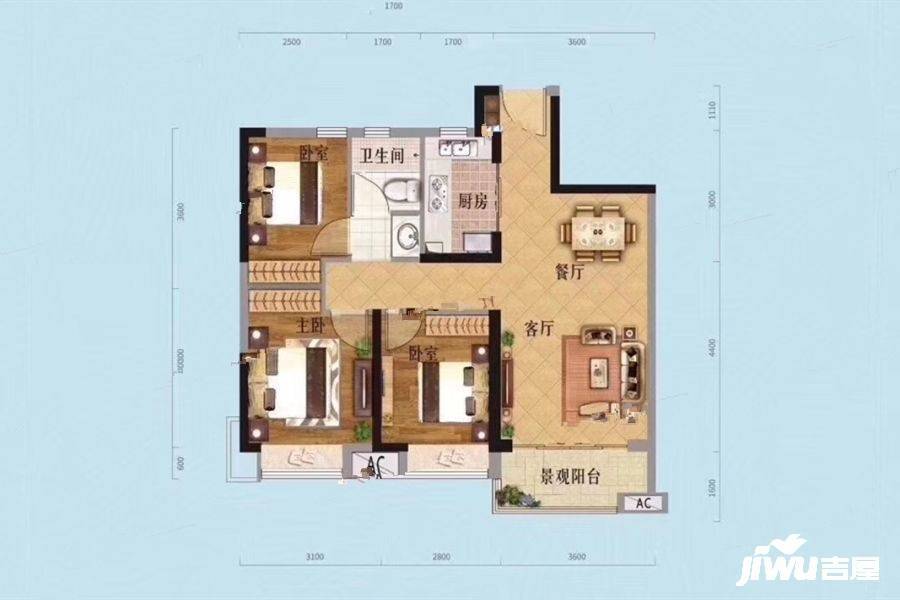 方圆东江月岛3室2厅1卫88.5㎡户型图