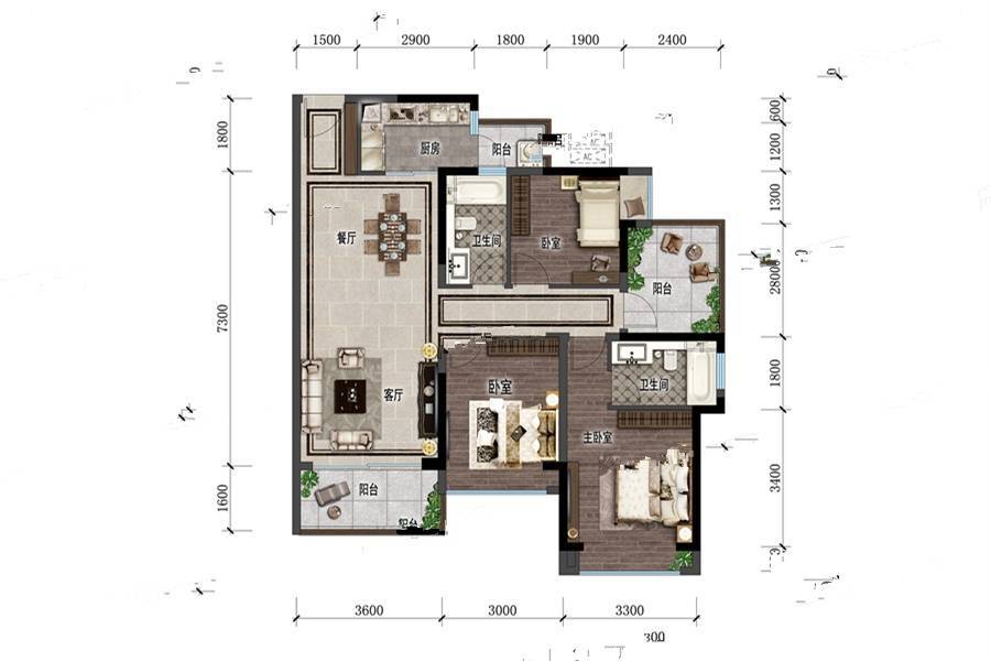 中洲华昕府3室2厅2卫109㎡户型图