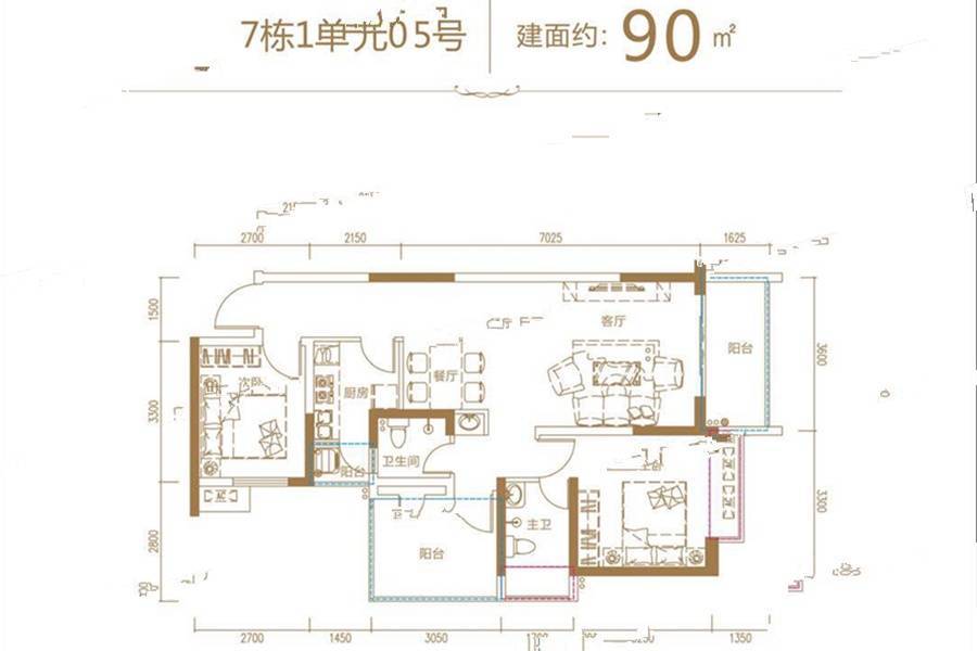 天益城2期2室2厅2卫90㎡户型图