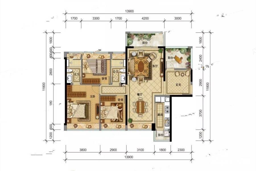 龙光城3室2厅2卫126㎡户型图