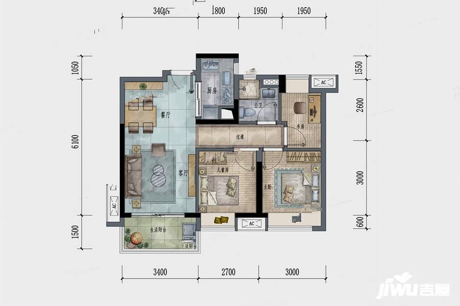 保利悦公馆3室2厅1卫79㎡户型图