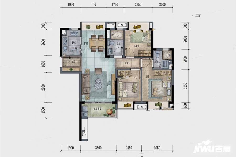 保利悦公馆3室2厅2卫89㎡户型图