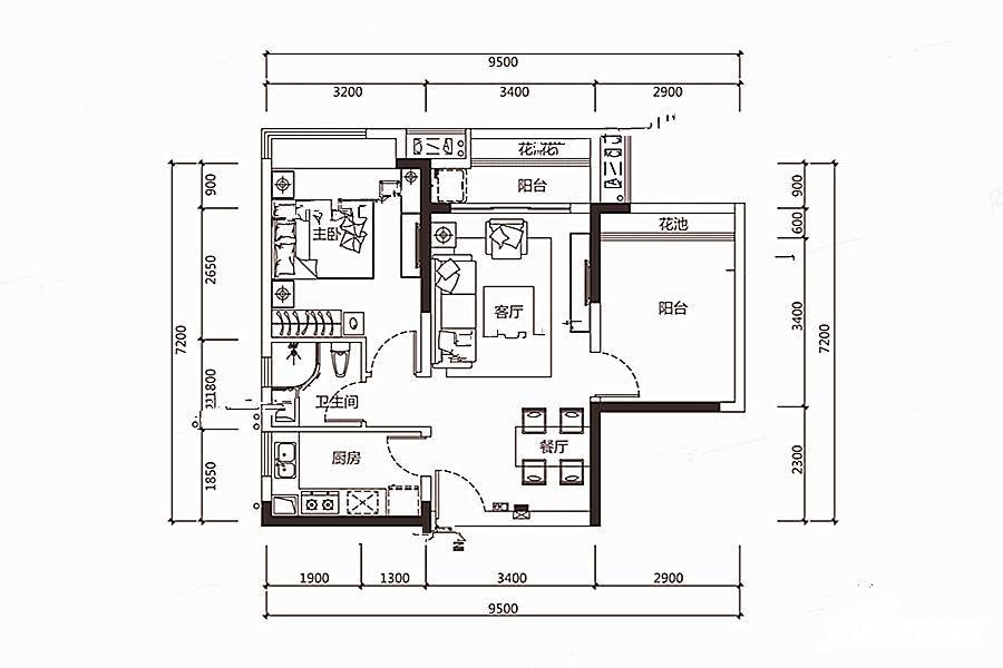 海伦堡创智家园2室2厅1卫64㎡户型图