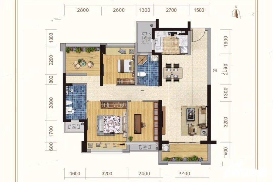 中交香颂花园3室2厅2卫107.7㎡户型图