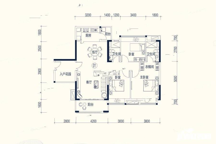 海伦堡弘诚厚园3室2厅2卫123.1㎡户型图