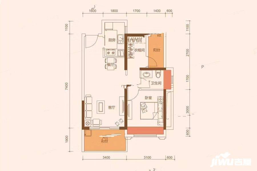 花样年康城四季御峰1室2厅1卫64.6㎡户型图