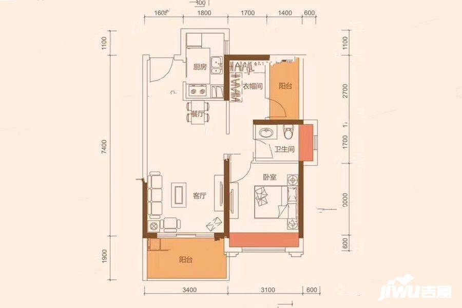 花样年康城四季御峰1室2厅1卫64.7㎡户型图