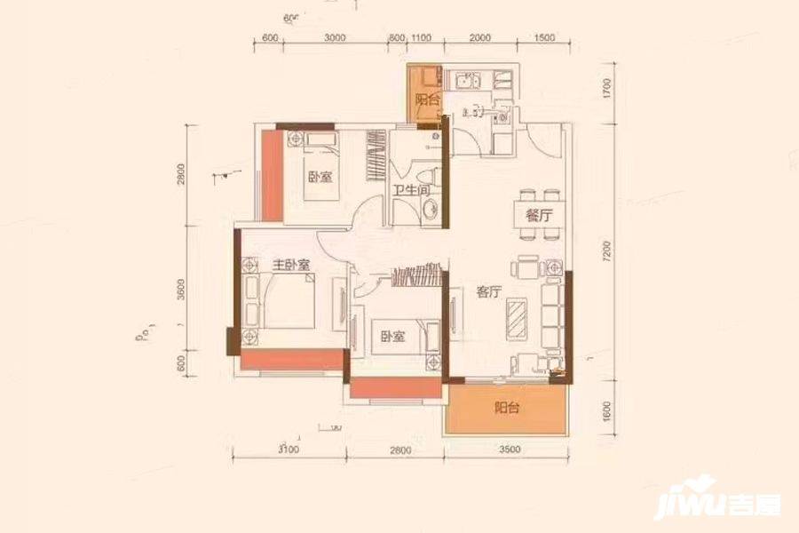 花样年康城四季御峰3室2厅1卫86.6㎡户型图