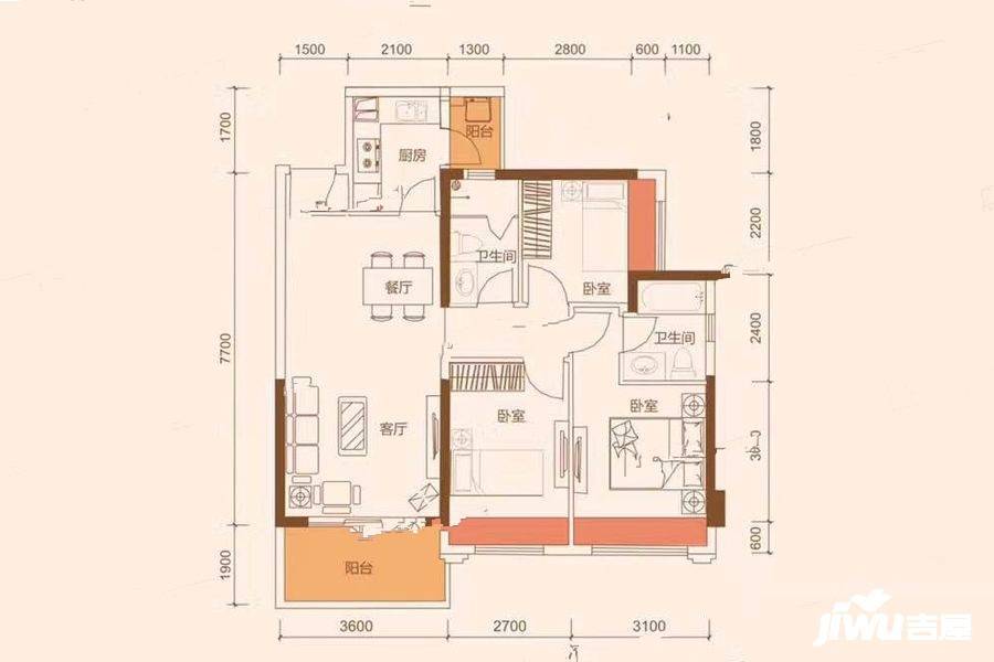 花样年康城四季御峰3室2厅2卫95.5㎡户型图