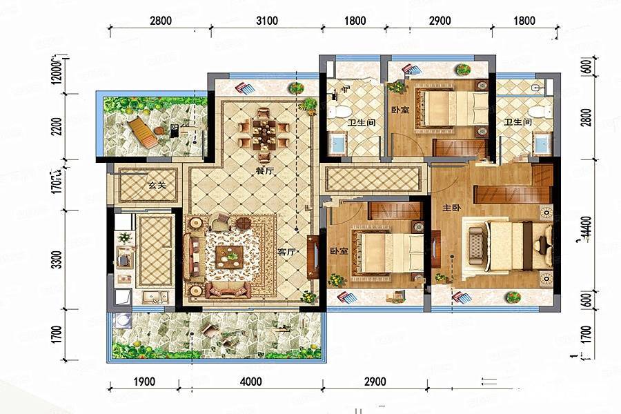 龙光玖龙府3室2厅2卫113㎡户型图