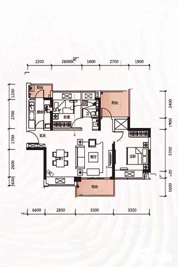 中洲河谷花园2室2厅1卫87㎡户型图