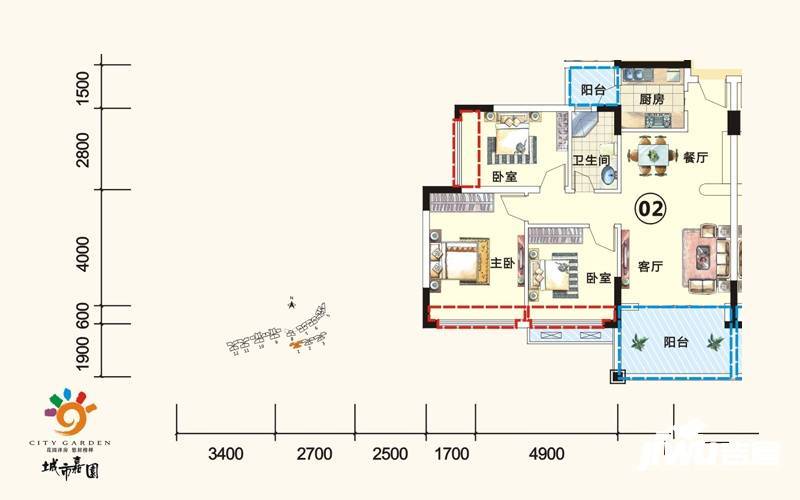 城市嘉园3室2厅1卫91.8㎡户型图