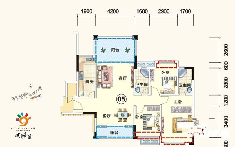 城市嘉园3室2厅2卫107.3㎡户型图